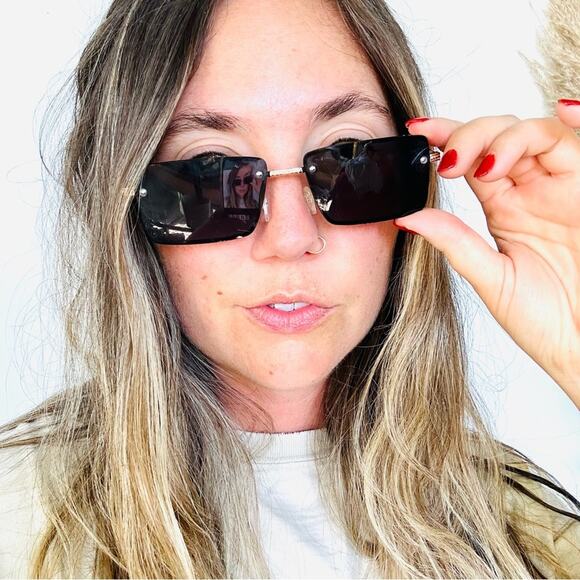 VINTAGE Y2K 90s Gold Metal Square Black Mini Etched Sunglasses Unisex Sunnies - Picture 9 of 12